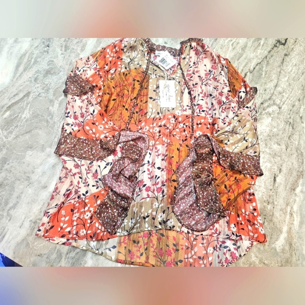 Grace & Lace NWT Size M Floral Boho Peasant Top Blouse Multicolor Gold Thread